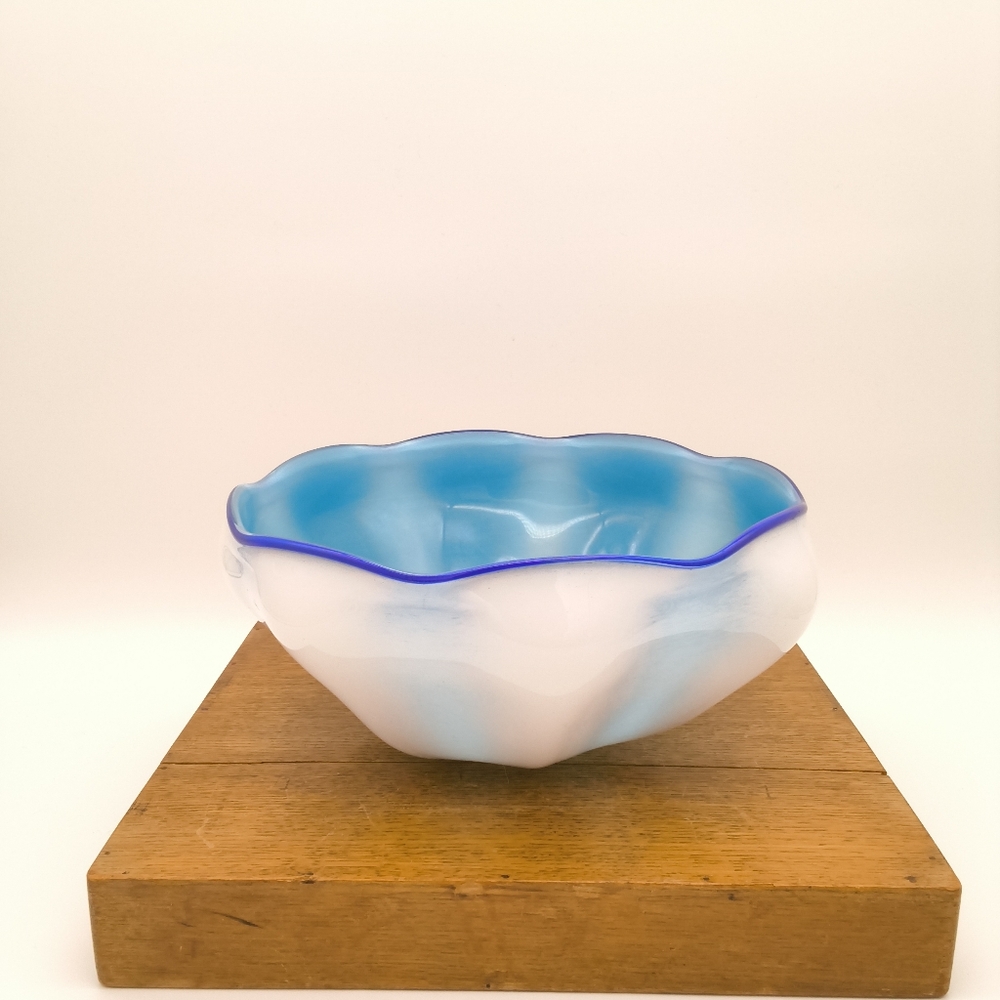 Mark Armstrong Signed Art Glass Ruffled Bowl - Blue & White Opalescent
